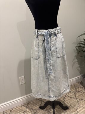 GAP Light Acid-Wash Denim Midi Skirt with Self-Tie Belt